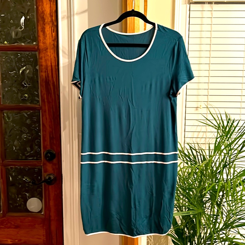 Teal stretchy dress flapper sexy white pinstripe sz M